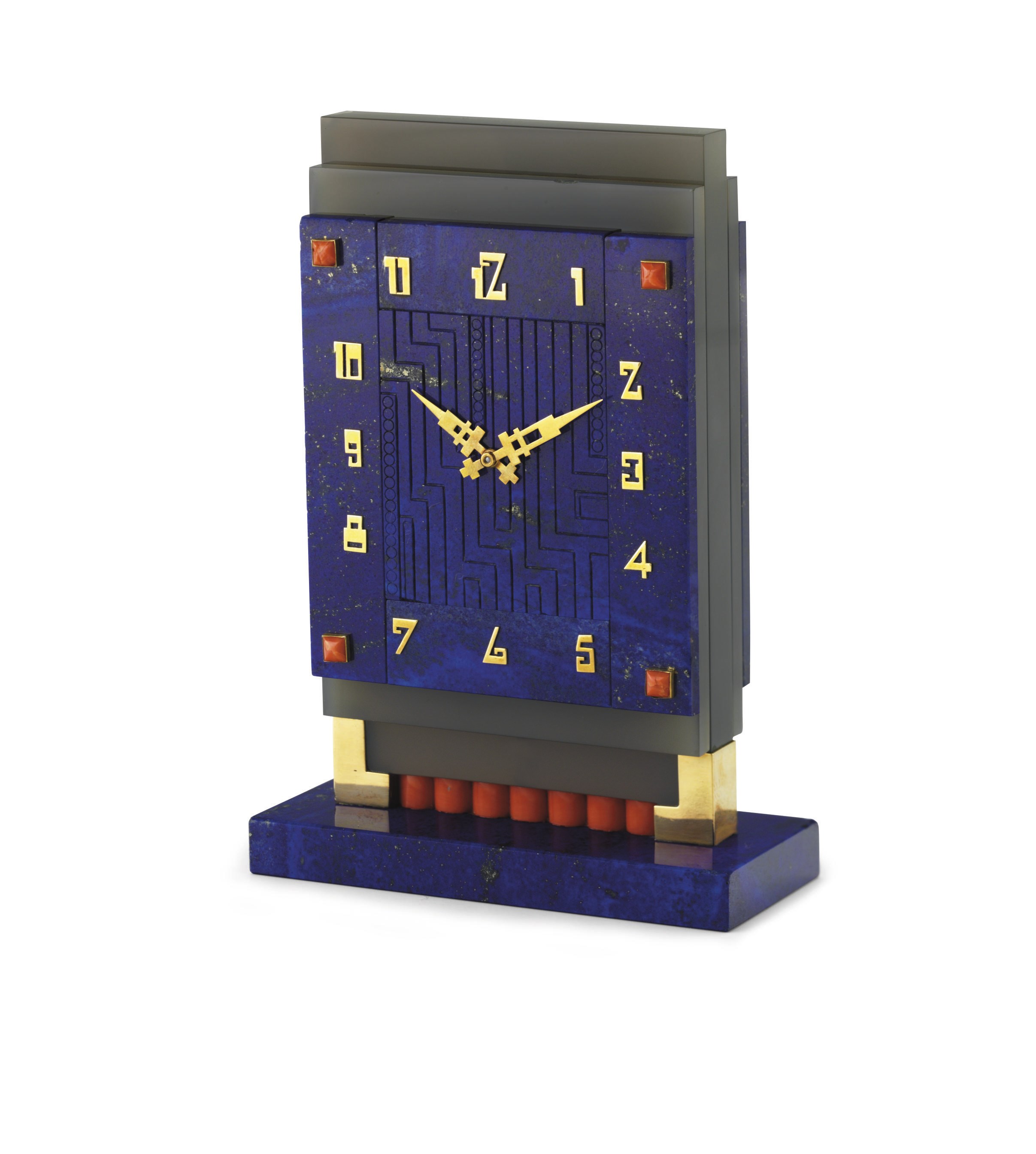 **A LAPIS LAZULI AND CORAL DESK CLOCK, BY BOUCHERON