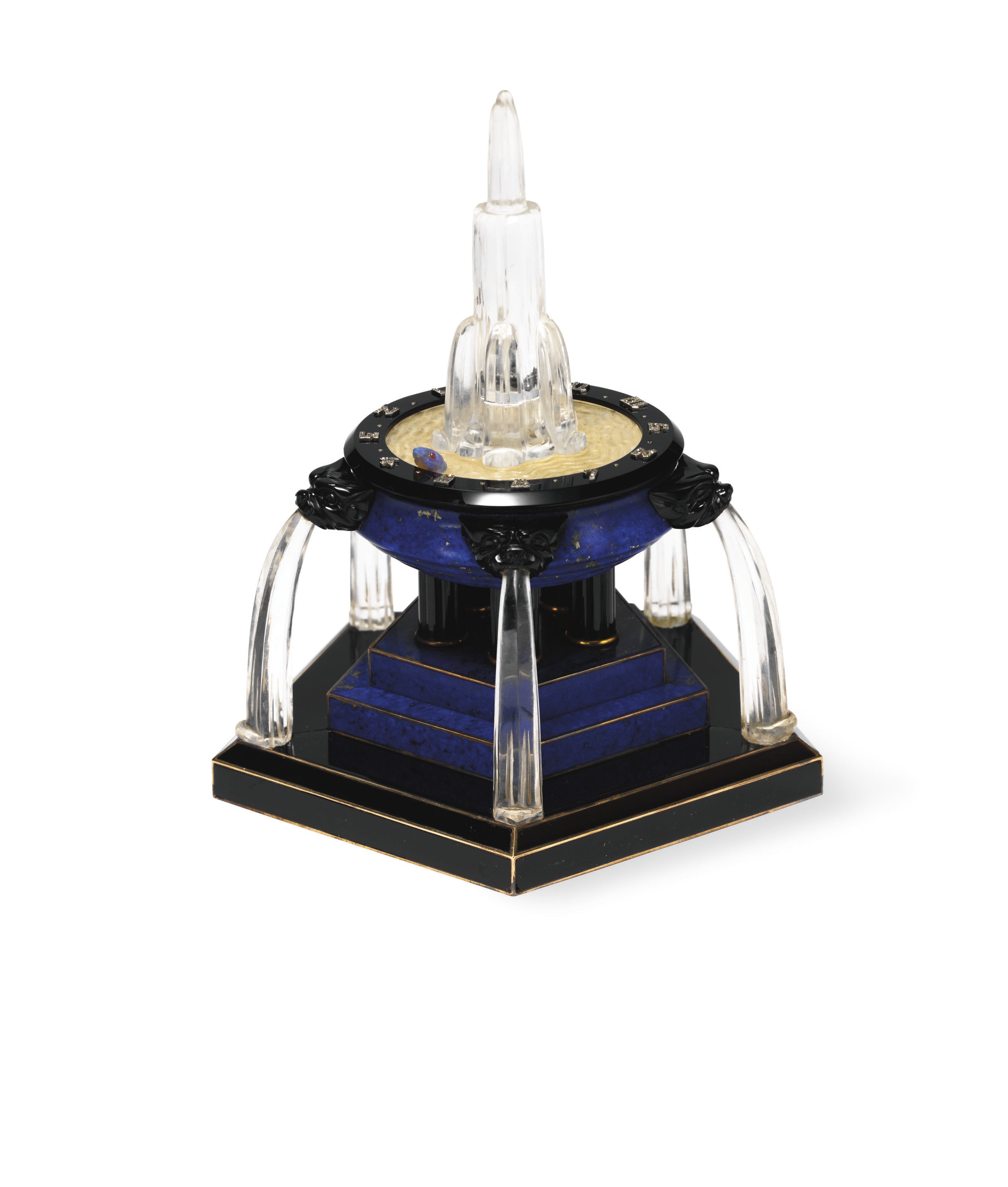 A SUPERB ART DECO ROCK CRYSTAL, ONYX, DIAMOND AND LAPIS LAZULI FOUNTAIN DESK CLOCK, BY LACLOCHE FRERES