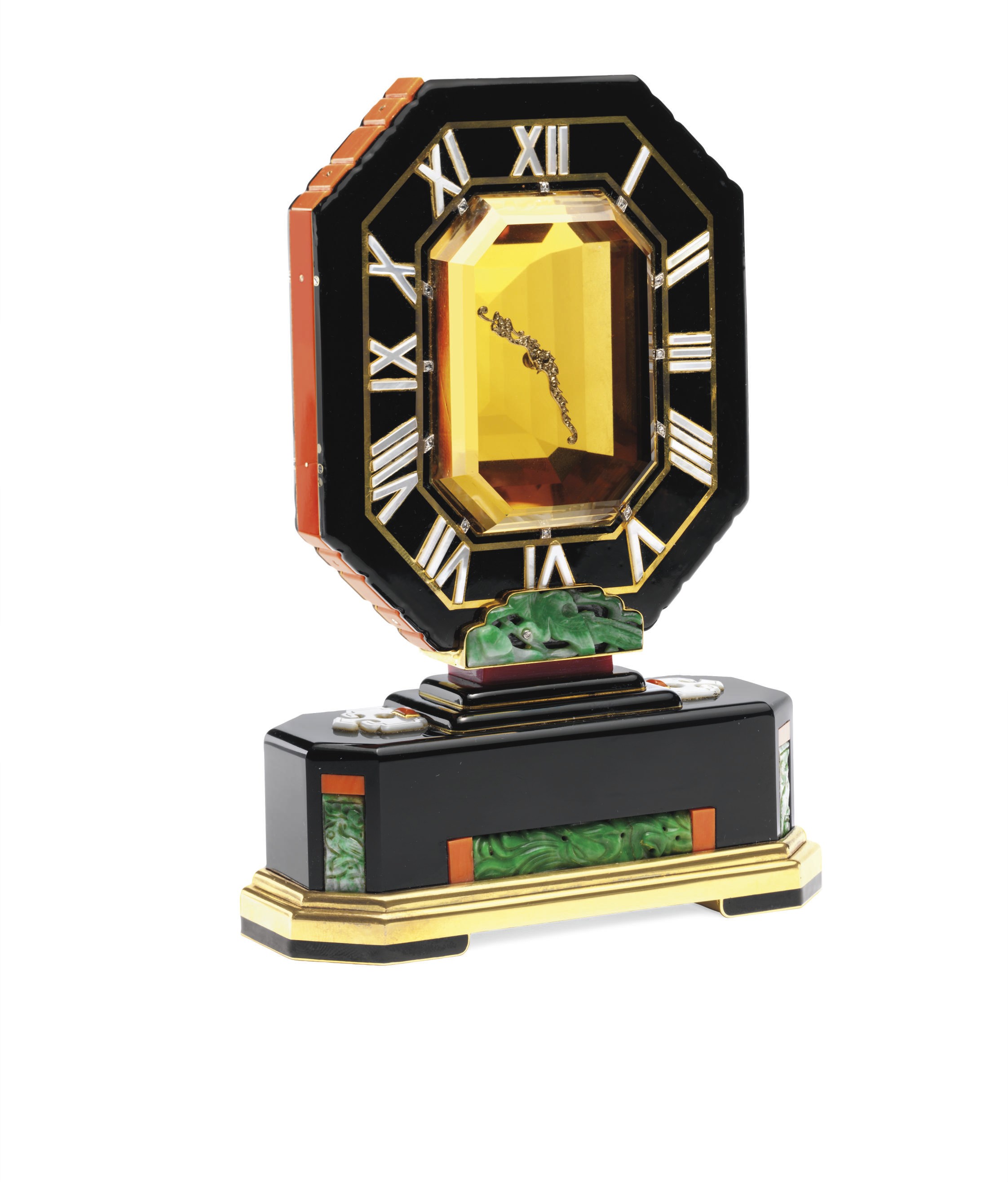 **A MAGNIFICENT ART DECO TOPAZ, JADE, CORAL AND ENAMEL "MYSTERY" CLOCK, BY CARTIER