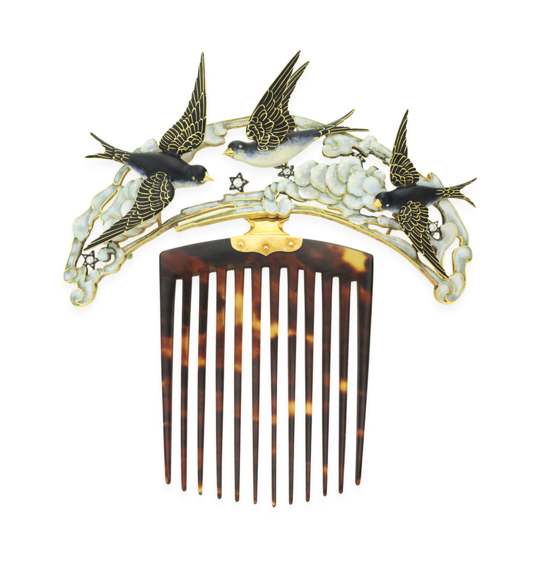 **AN ART NOUVEAU ENAMEL, TORTOISESHELL AND DIAMOND "BLUEBIRD" HAIR COMB, BY LUCIEN GAILLARD