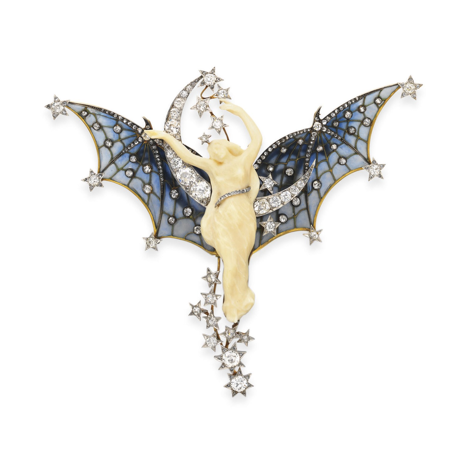 **AN ART NOUVEAU DIAMOND, IVORY AND PLIQUE-A-JOUR ENAMEL "BELLE DE NUIT" BROOCH