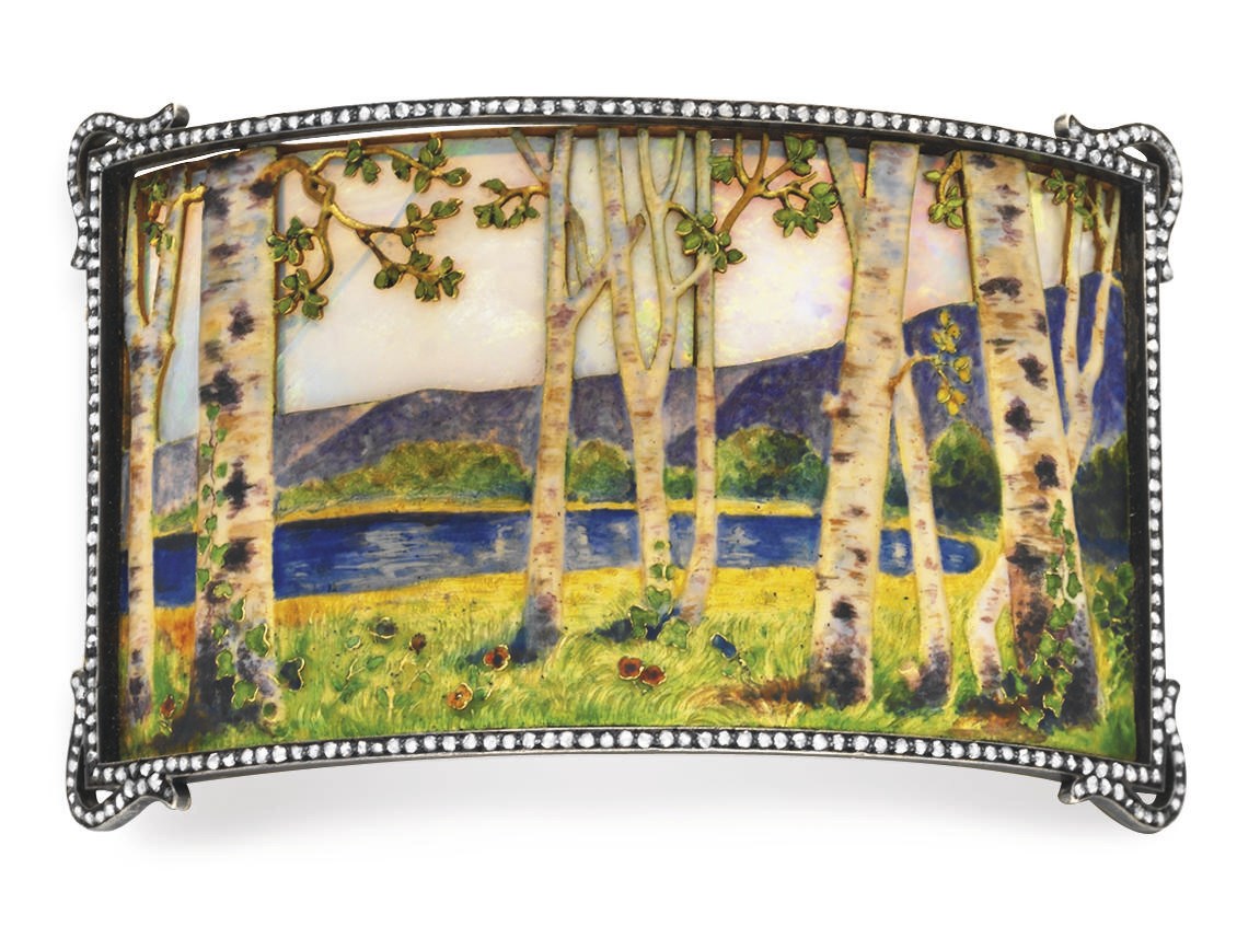AN ART NOUVEAU OPAL, ENAMEL AND DIAMOND DOG COLLAR PLAQUE, BY KOCH