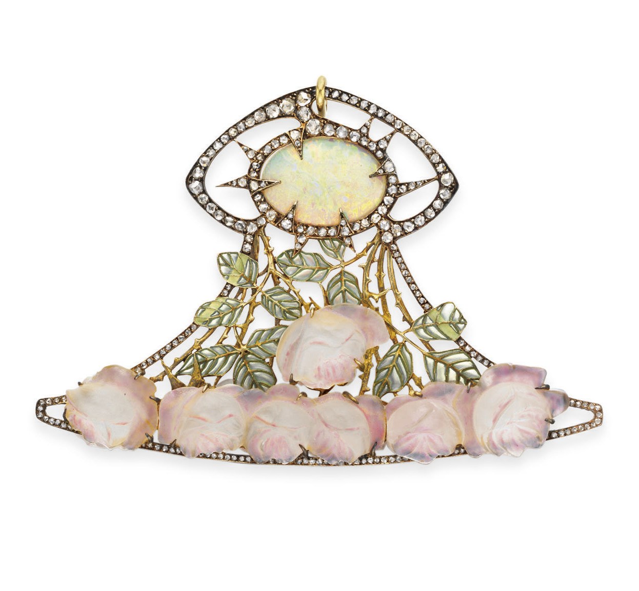 AN ART NOUVEAU OPAL, DIAMOND, ENAMEL AND GLASS 'ROSE' PENDANT, BY RENE LALIQUE