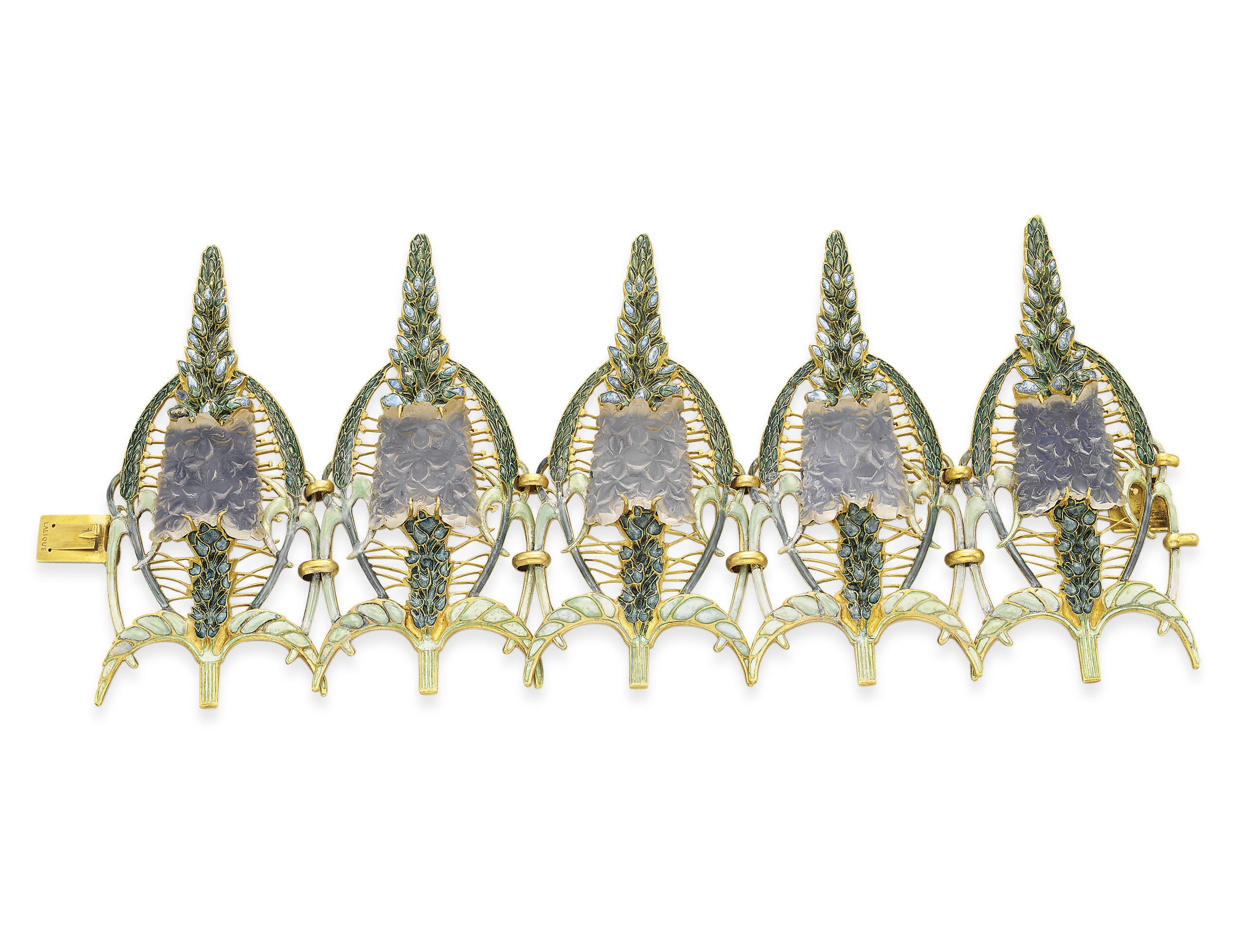 A STRIKING ART NOUVEAU GLASS AND ENAMEL "SPEEDWELL" BRACELET, BY RENE LALIQUE