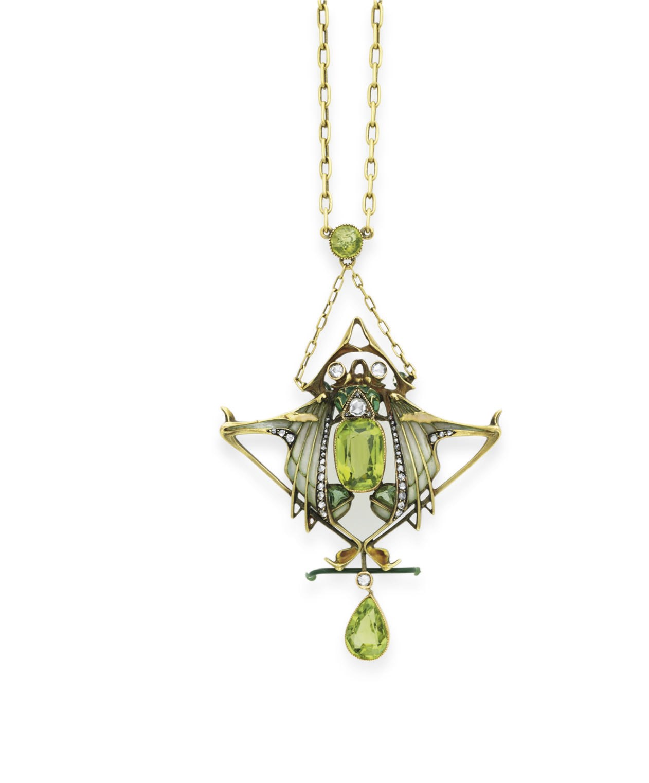 AN ART NOUVEAU PERIDOT, DIAMOND AND ENAMEL PENDANT NECKLACE, BY LUCIEN GAUTRAIT