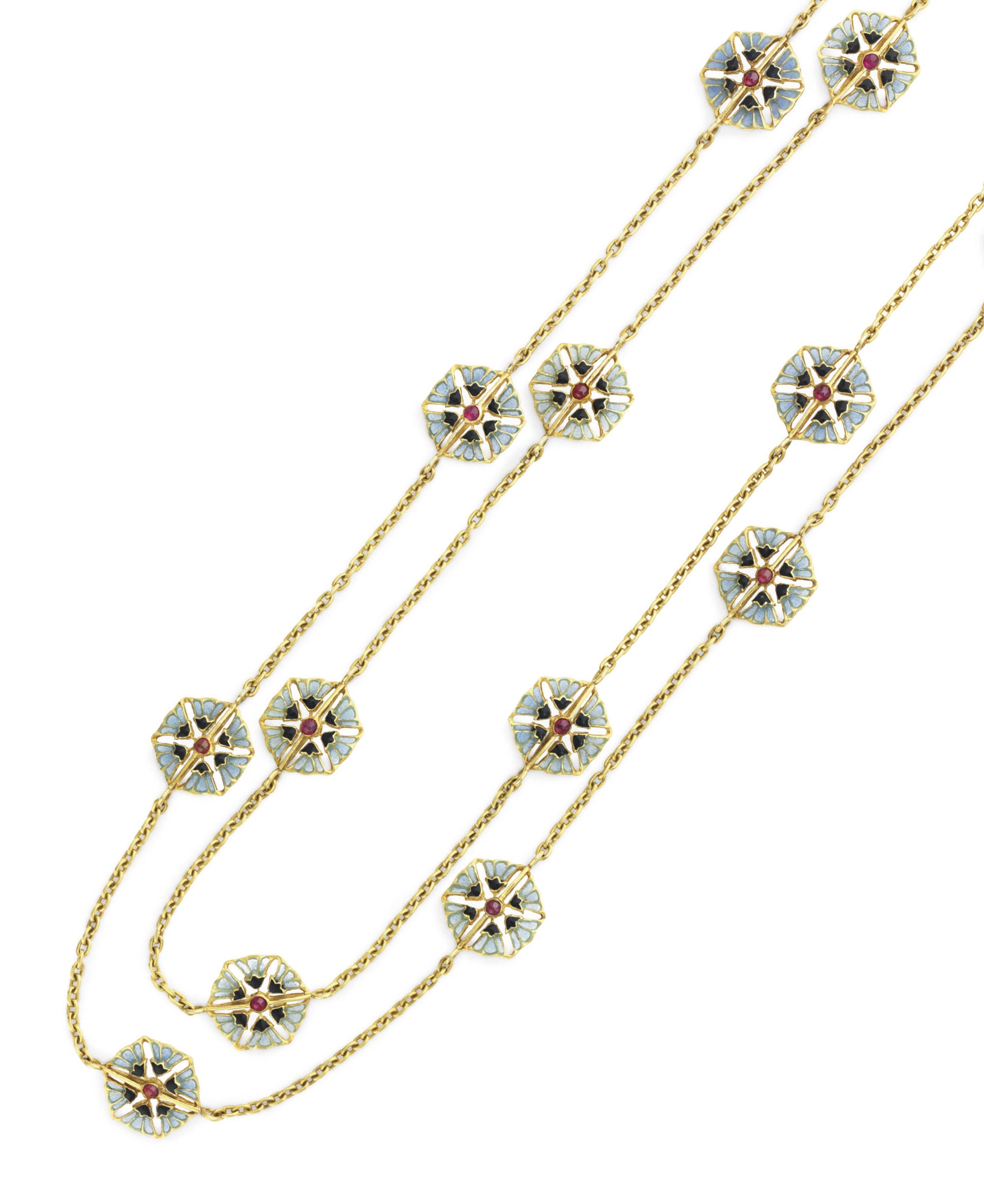 AN ART NOUVEAU ENAMEL AND RUBY LONGCHAIN NECKLACE