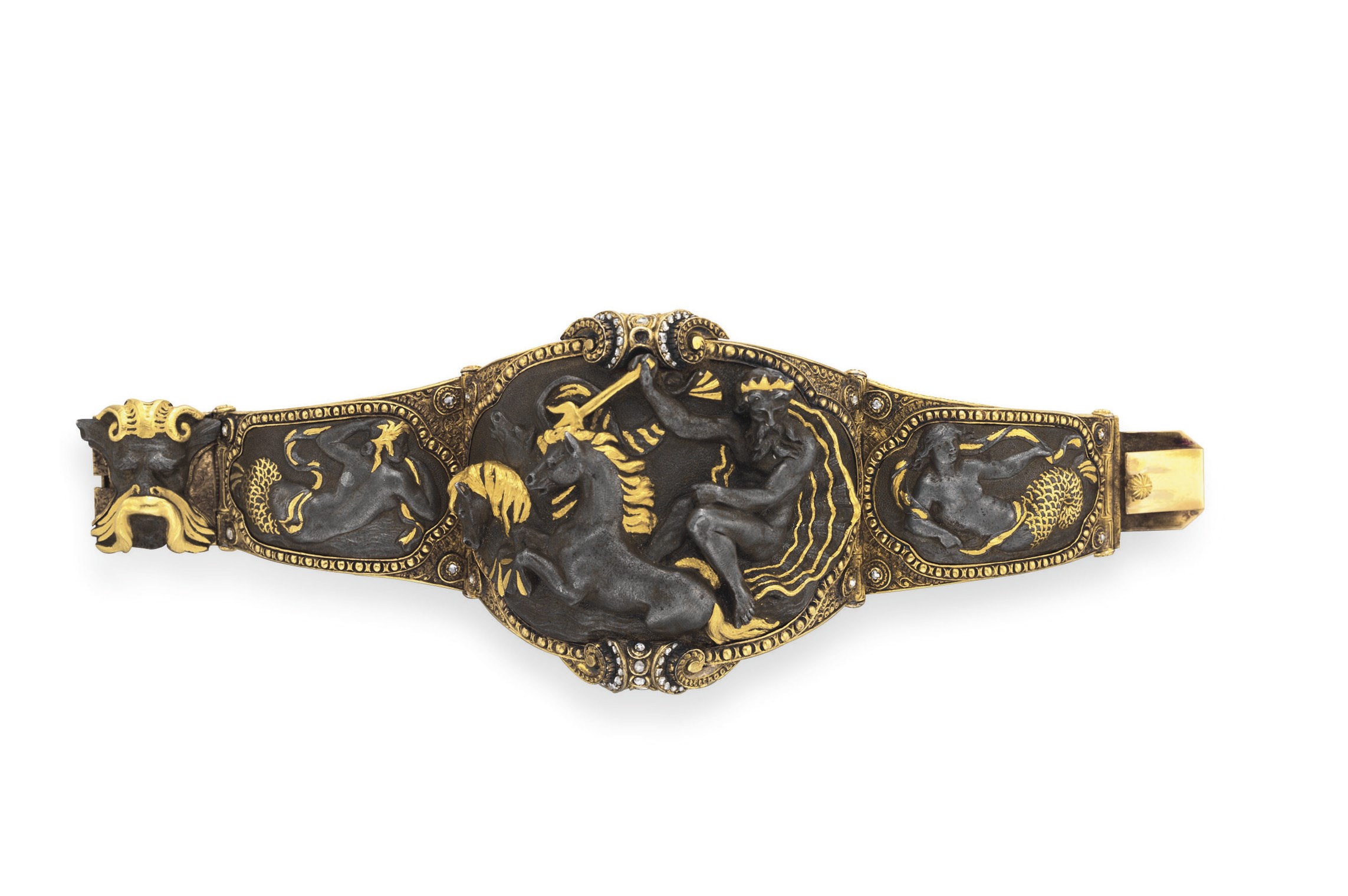 AN ANTIQUE GOLD, STEEL AND DIAMOND MYTHOLOGICAL BRACELET, BY LUCIEN FALIZE