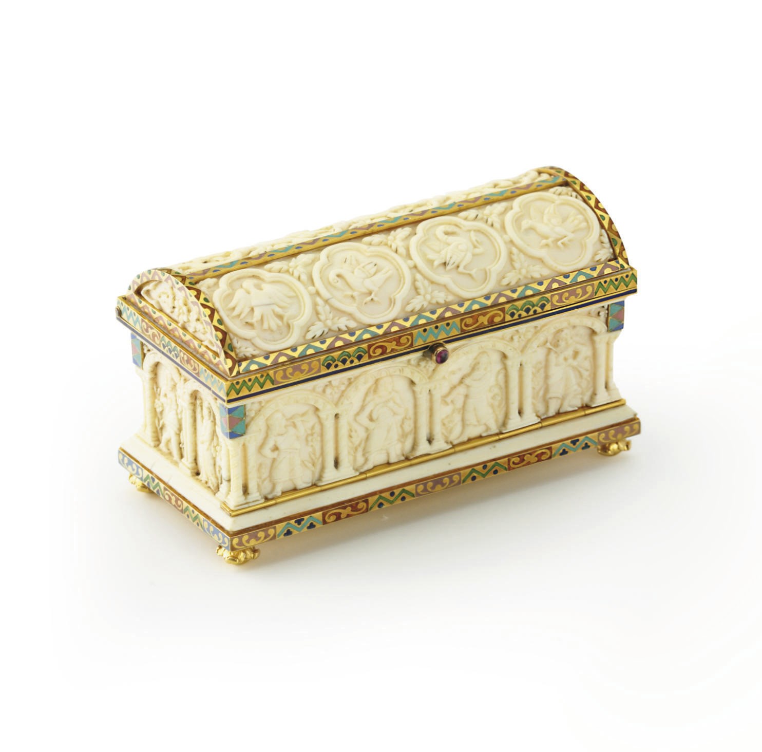**AN ANTIQUE IVORY, ENAMEL AND GOLD STAMP BOX, BY BOUCHERON