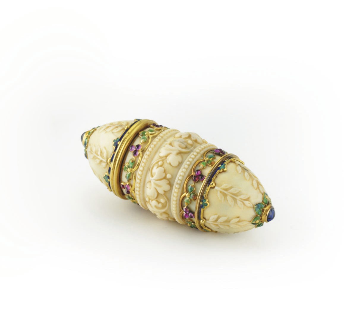 **AN ANTIQUE IVORY, ENAMEL AND GOLD PERFUME BOTTLE, BY BOUCHERON
