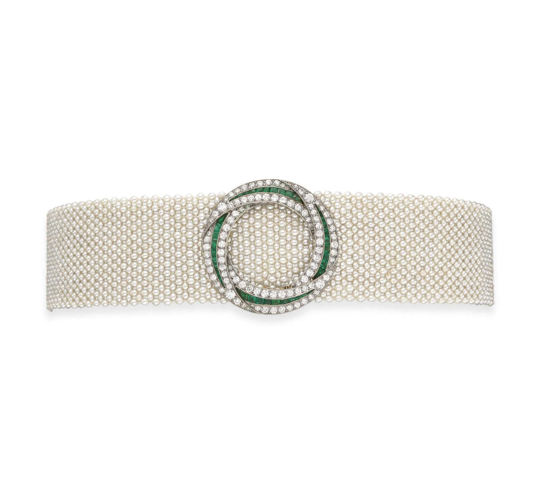 A BELLE EPOQUE PEARL, DIAMOND AND EMERALD NECKLACE, BY CARTIER