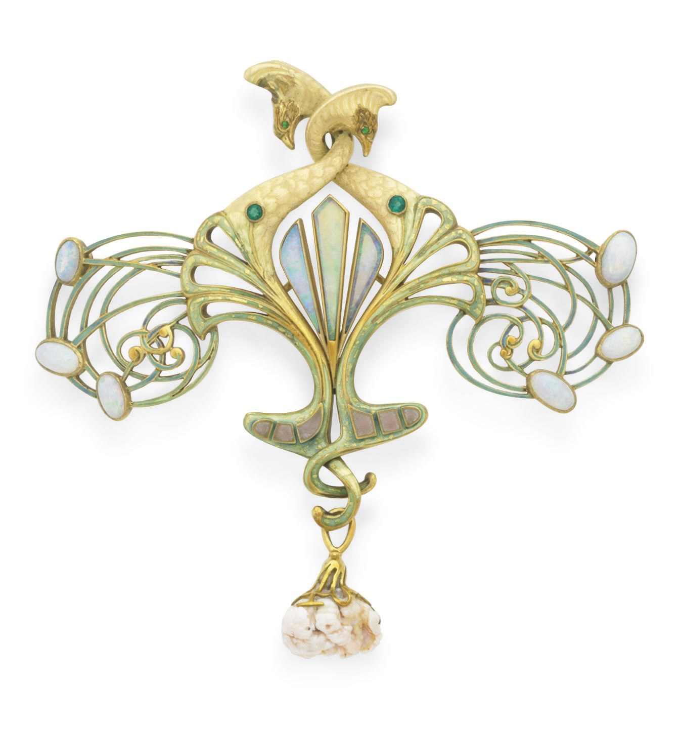 AN ART NOUVEAU ENAMEL, OPAL, GARNET AND PEARL "PEACOCK" BROOCH, BY GEORGES FOUQUET