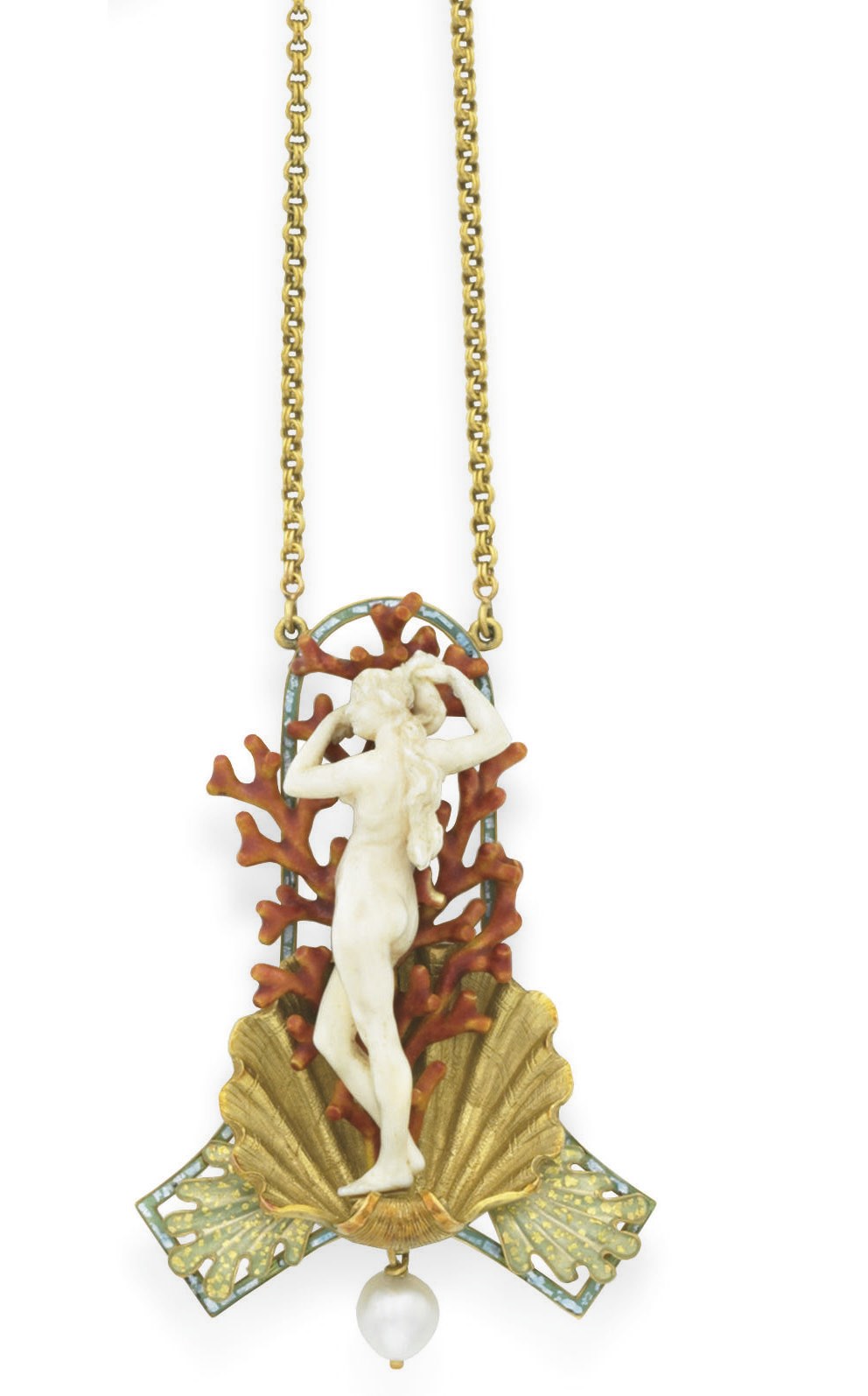 **AN ART NOUVEAU IVORY, ENAMEL AND PEARL "BIRTH OF VENUS" PENDANT NECKLACE, BY GEORGES FOUQUET