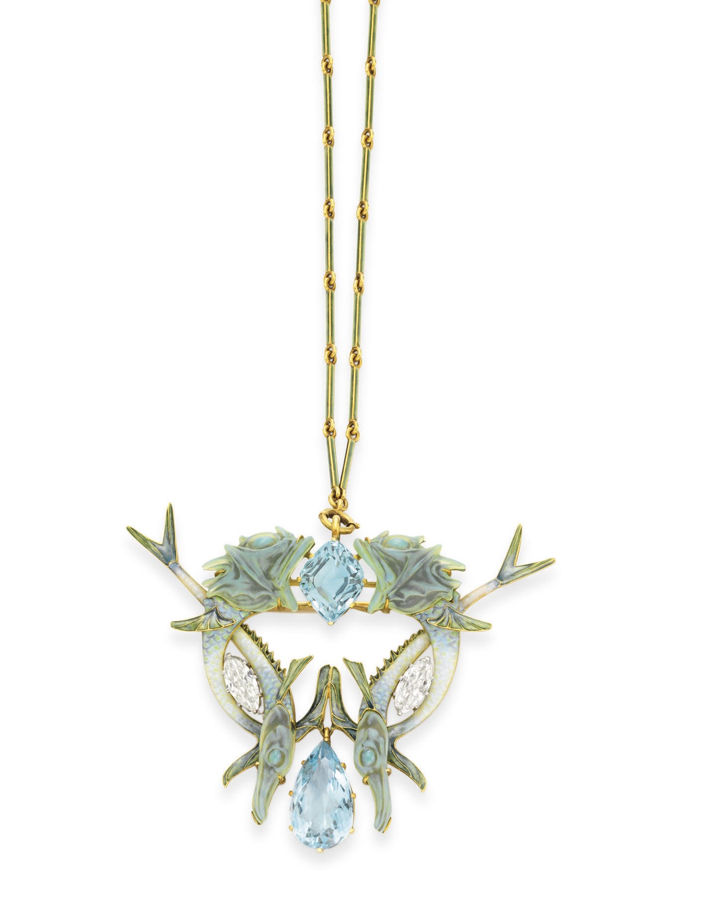 AN ART NOUVEAU AQUAMARINE, ENAMEL AND DIAMOND PENDANT NECKLACE, BY RENE LALIQUE