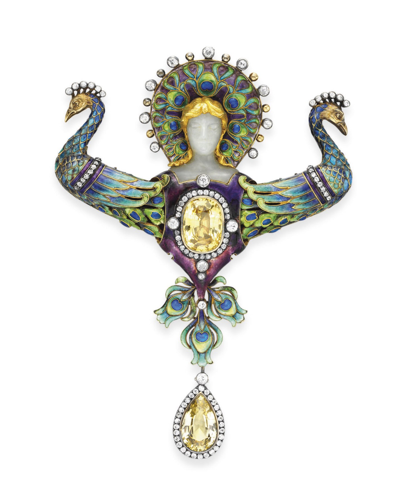 AN ART NOUVEAU ENAMEL, DIAMOND AND SAPPHIRE "JUNO" PENDANT, BY BOUCHERON