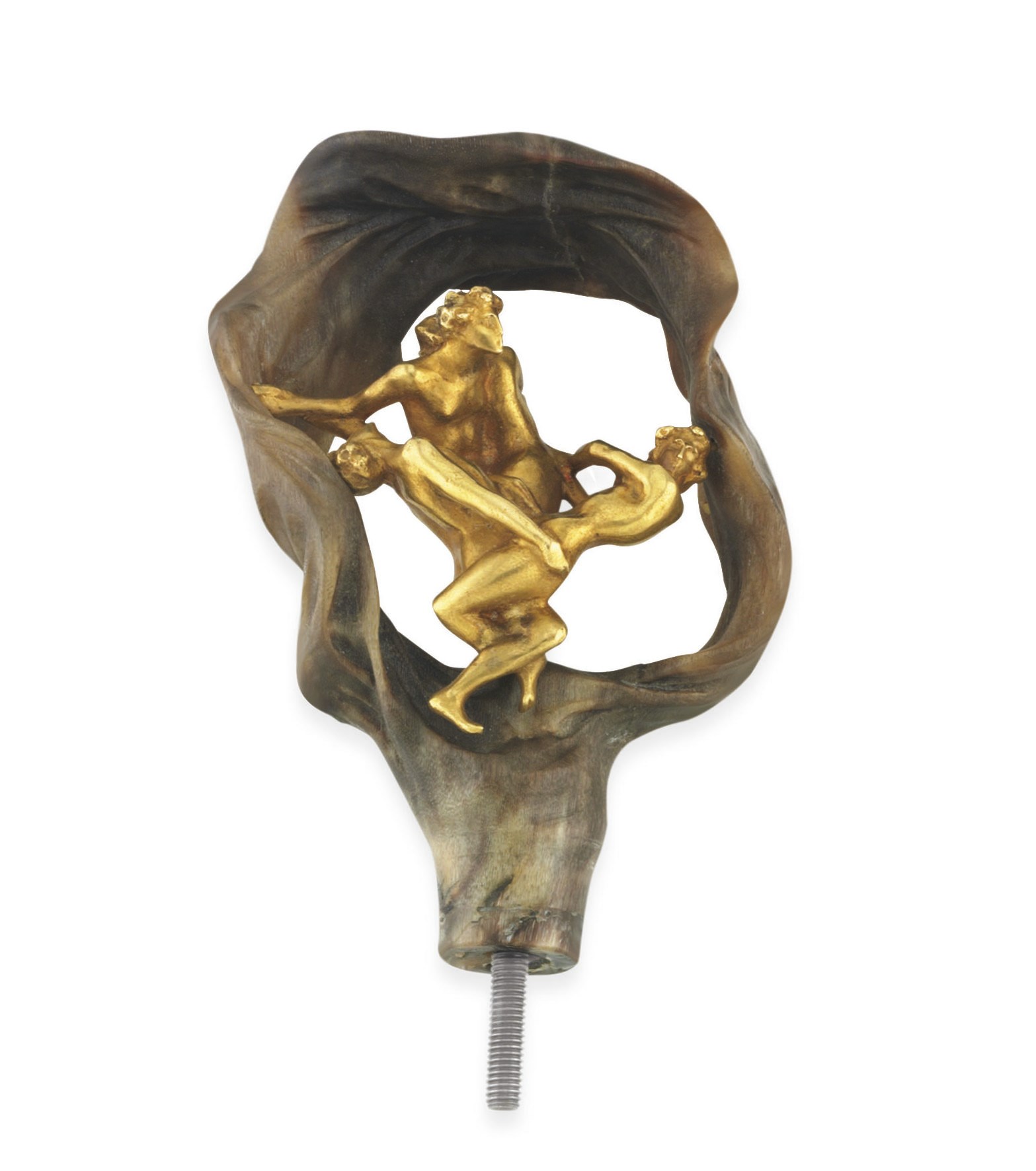 AN ART NOUVEAU HORN AND GOLD "REVELER" UMBRELLA HANDLE, BY RENE LALIQUE