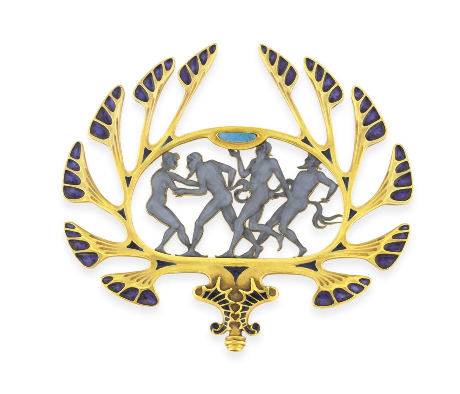 AN ART NOUVEAU OPAL, ENAMEL AND GOLD "BRYGO" HAT PIN, BY RENE LALIQUE
