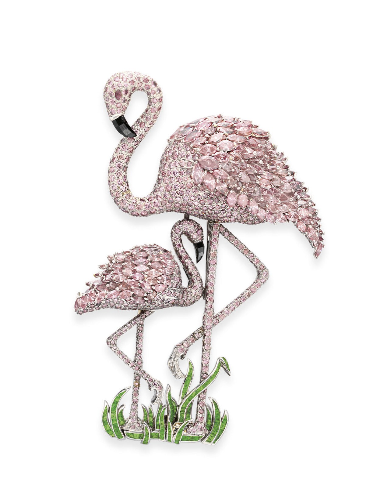 A COLORED DIAMOND AND DEMANTOID GARNET FLAMINGO BROOCH, BY CARVIN FRENCH