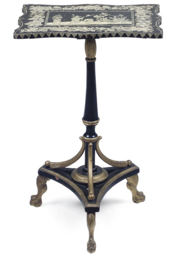 AN EBONISED PENWORK AND PARCEL GILT OCCASIONAL TABLE