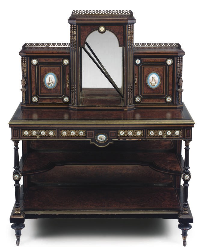A NAPOLEON III GILT METAL MOUNTED EBONISED AND AMBOYNA BONHEUR DU JOUR