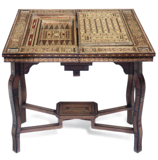 A DAMASCUS SPECIMEN WOOD AND MOTHER OF PEARL INLAID GAMES TABLE