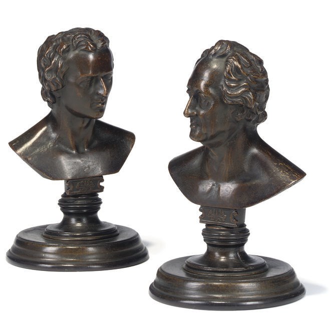 A PAIR OF GERMAN CAST IRON BUSTS OF GOETHE AND SCHILLER