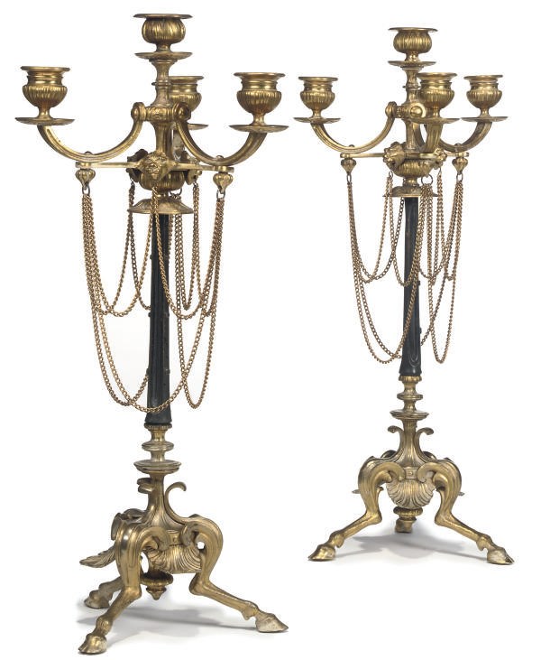 A PAIR OF FRENCH GILT BRONZE FOUR LIGHT CANDELABRA