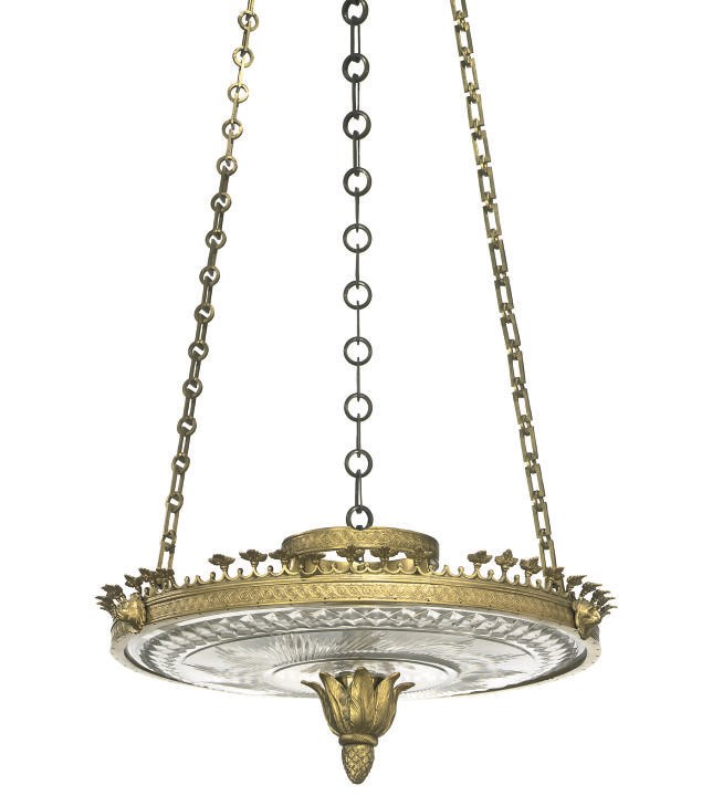 A REGENCY STYLE CUT-GLASS AND GILT-BRONZE DISH-LIGHT CHANDELIER