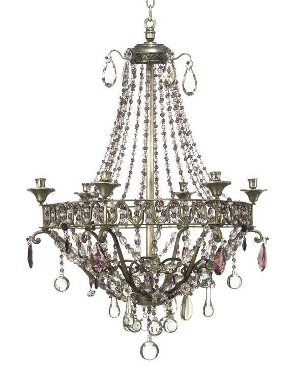 A FRENCH PATINATED METAL AND GLASS BEAD CHANDELIER