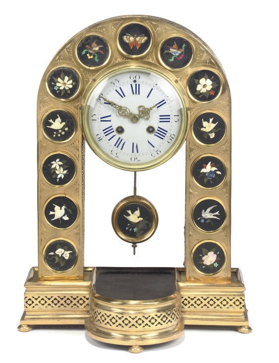 A FRENCH PIETRA DURA MOUNTED GILT-BRASS MANTEL CLOCK