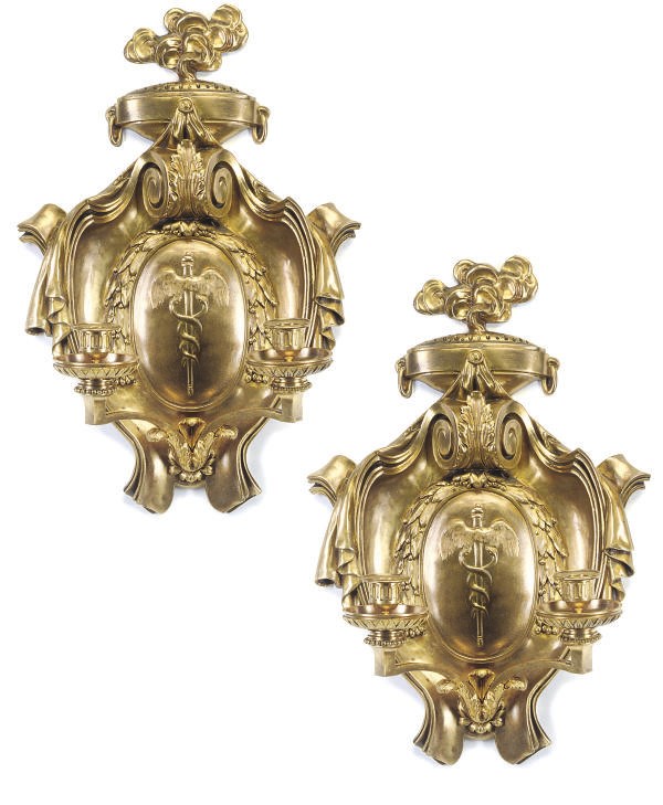 A PAIR OF FRENCH GILT-BRASS TWIN BRANCH WALL-LIGHTS
