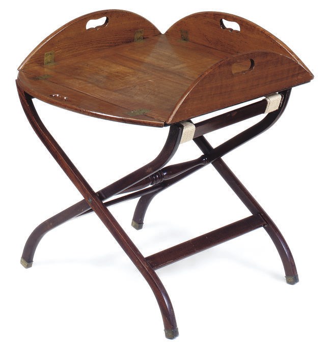 A MAHOGANY BUTLER'S TRAY ON LATER STAND