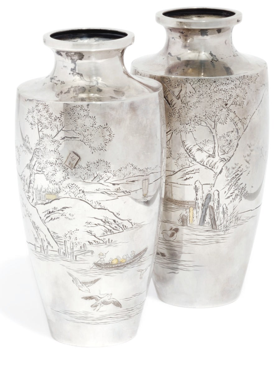 A Pair of Japanese Silvered vases