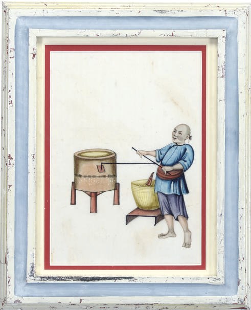 A SET OF SIX CHINESE RICE-PAPER PAINTINGS OF RICE-HARVESTERS
