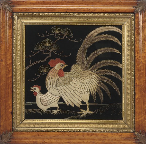 A PAIR OF JAPANESE SILK EMBROIDERED PICTURES OF COCKERELS AND HENS