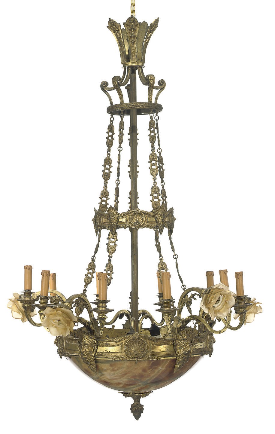 A CONTINENTAL GILT-BRASS AND ALABSTER CHANDELIER