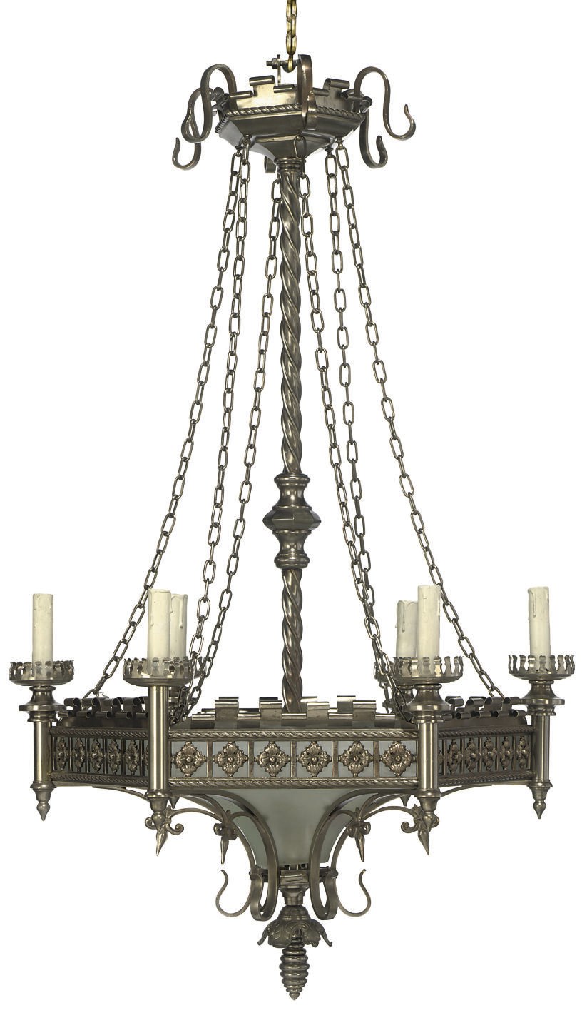 A FRENCH SILVERED-BRASS SIX LIGHT CHANDELIER