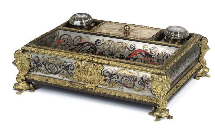 A GILT METAL MOUNTED BRASS, TORTOISESHELL AND PEWTER INKSTAND