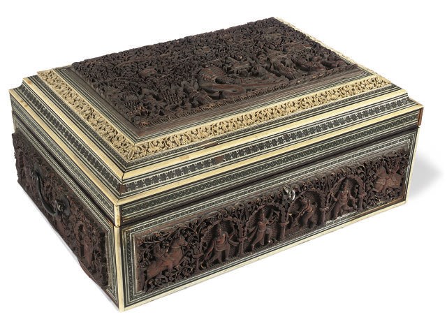 AN ANGLO-INDIAN SANDALWOOD, IVORY AND SADELI-WARE WORK-BOX