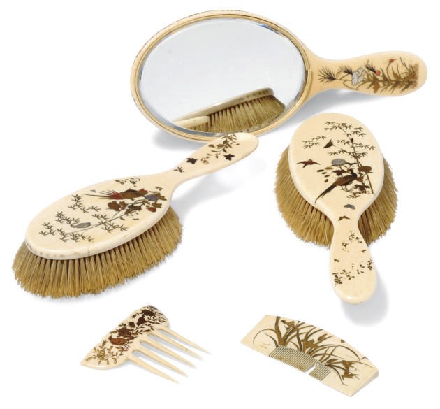 A Japanese Shibayama style decorated brush set