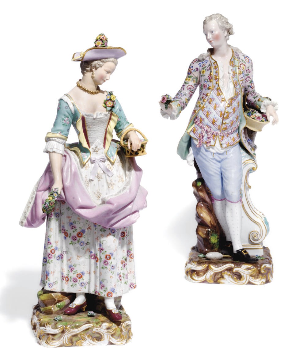 A PAIR OF MEISSEN FIGURES OF A GENTLEMAN AND COMPANION