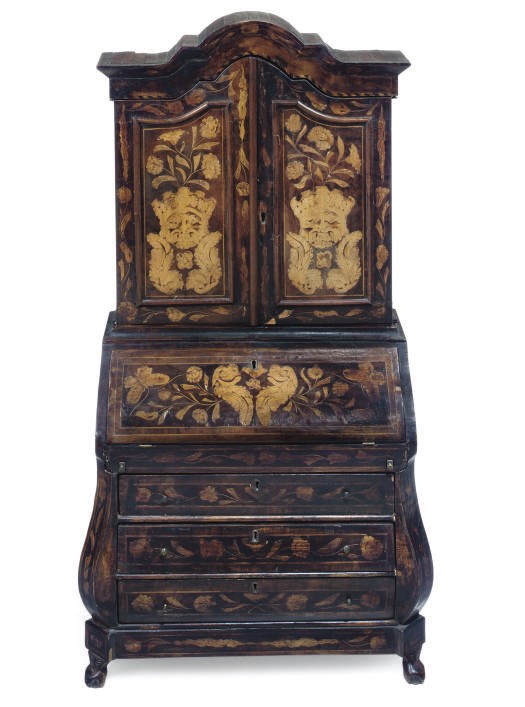 A DUTCH FLORAL MARQUETRY MINIATURE BUREAU CABINET