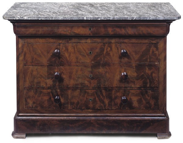 A FRENCH MAHOGANY MARBLE TOP COMMODE