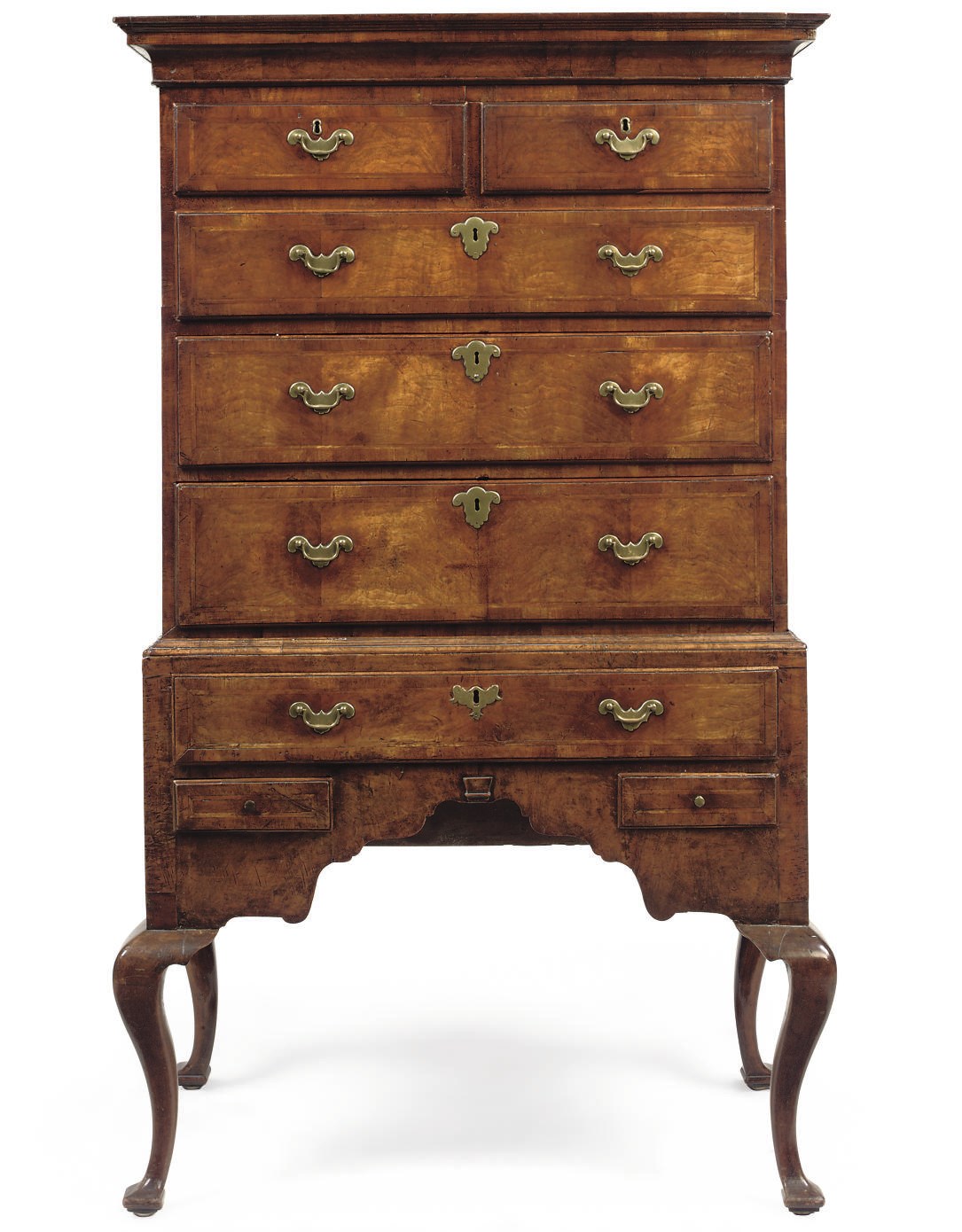 A GEORGE II WALNUT FEATHER-BANDED CHEST-ON-STAND