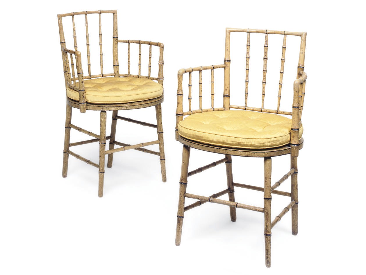 A PAIR OF REGENCY PAINTED SIMULATED BAMBOO SIDE ARMCHAIRS