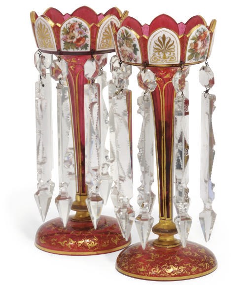 A PAIR OF BOHEMIAN RUBY-FLASH AND WHITE OVERLAY GLASS LUSTRES
