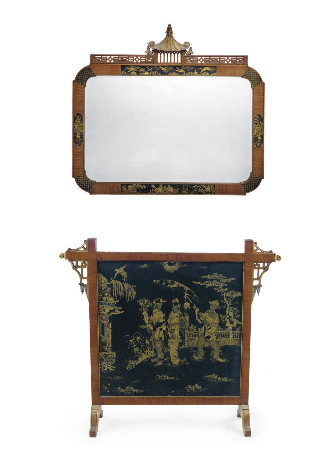 A SATINWOOD, JAPANNED AND PARCEL GILT MIRROR