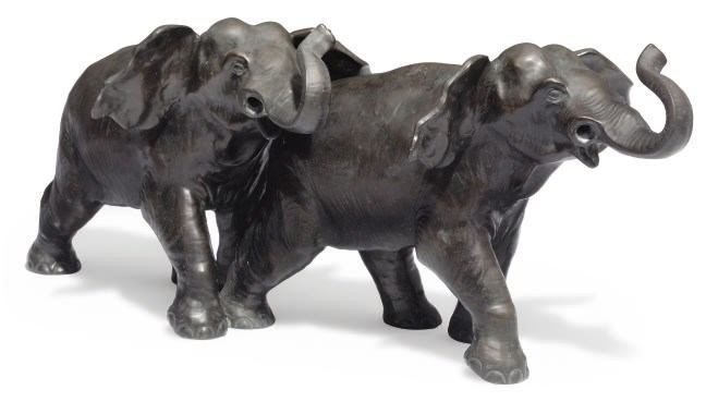 A Japanese Bronze group of two elephants