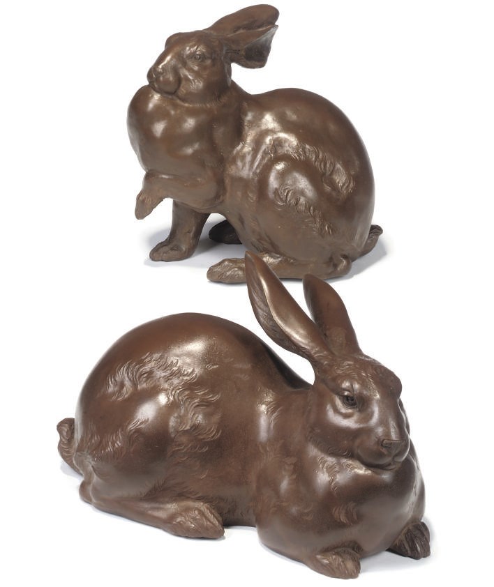 TWO JAPANESE BRONZE RABBITS