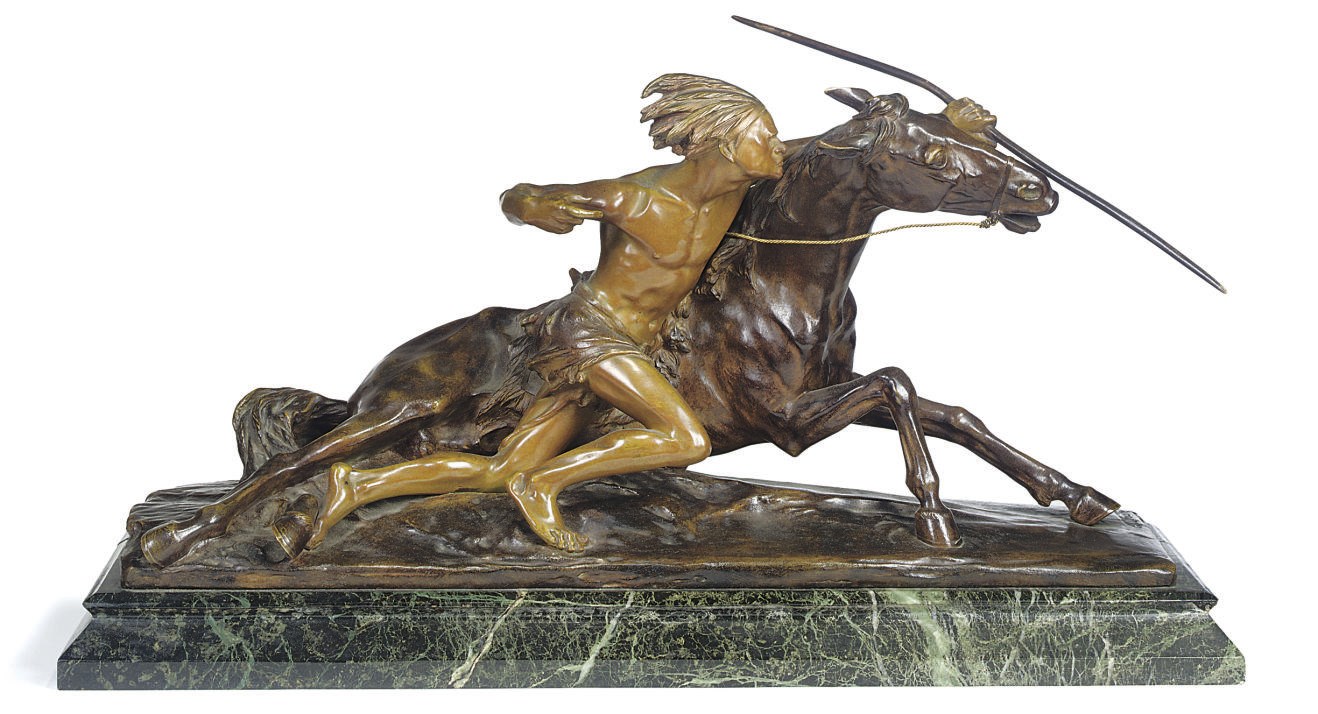 A FRENCH BRONZE GROUP OF AN AMERICAN INDIAN AND HORSE