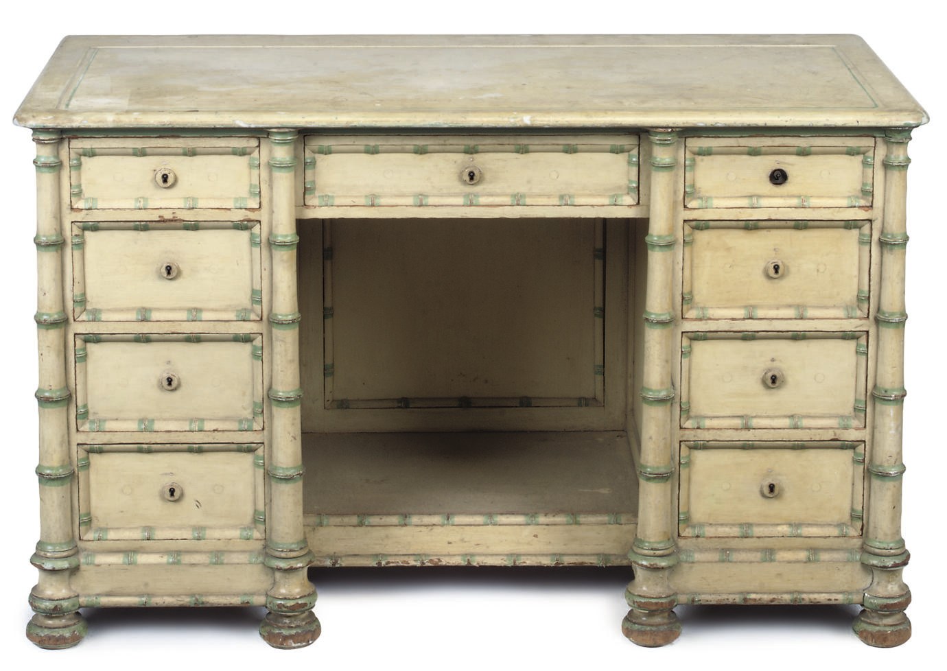 A CREAM AND TURQUOISE PAINTED KNEEHOLE DRESSING TABLE